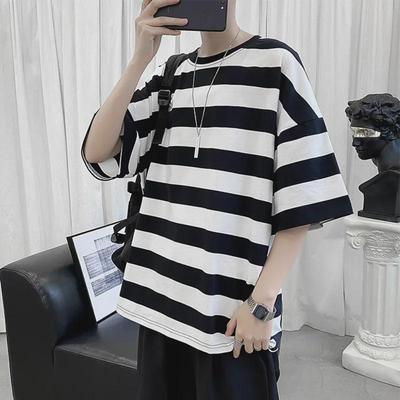 Herren Trendiges Kurzarm-Streifen-T-Shirt - Hong Kong Stil, Koreanische lockere Passform, Rundhals-Freizeit-Top