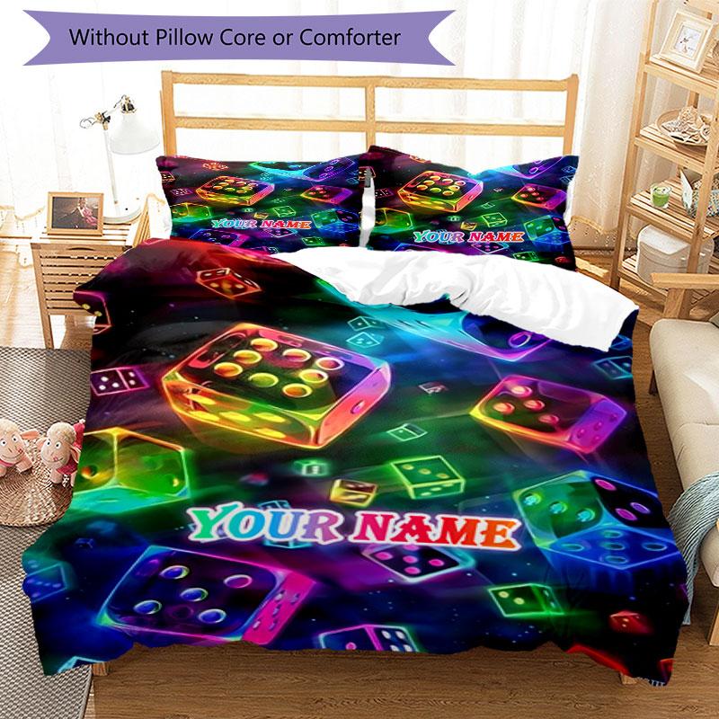 3pcs Custom Name Neon Dice Vibrance Bedding Set Printed Bedding Set Duvet Cover Closure Includes 1 Duvet Cover & 2 Pillowcases Bedroom Decor