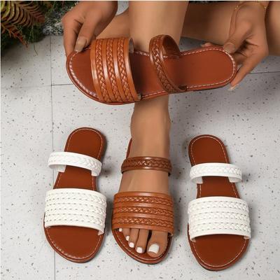 Zapatillas planas mujer 2025 verano nuevo tejido punta cuadrada una palabra moda simple sandalias de playa arrastres