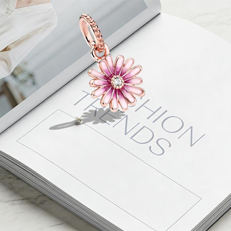 Original Charm Beads,Rose Gold Series,Pink Daisy&Openwork Pink Daisy Flower Charm Beads Fit Pendant Bracelet Women Jewelry Gift