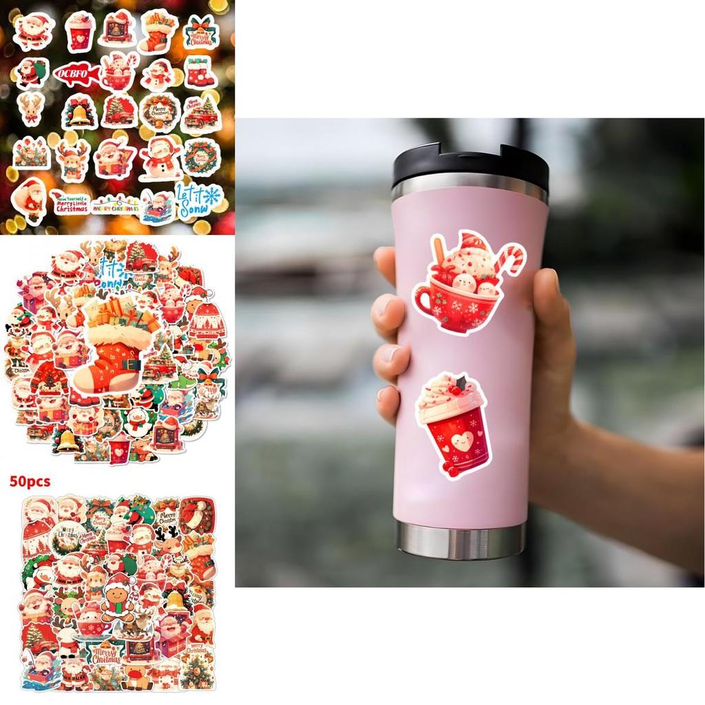 Original 50 Christmas Party Stickers Cute Cartoon Designs Colorful Waterproof Adhesive