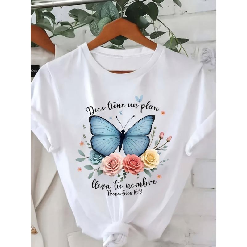 

European sizes Women s casual short-sleeved T-shirt-butterfly floral and Bible Scripture print (Deuteronomy 318)-white Christian clothing S белый
