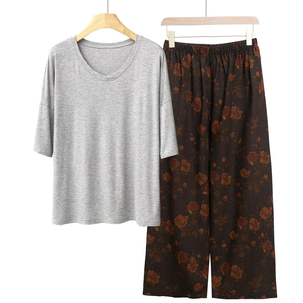 Pajamas Women's Spring and Summer New V-neck Short-sleeved Cotton and Linen Pants European and American Large-size Loungewear Two-piece Set