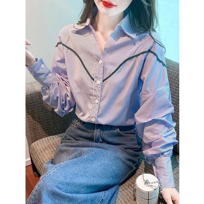 

Women s Casual Striped Shirt with Green V-Shaped Trim Lapel Loose Fit Puff Long Sleeve Daily Blouse S синій