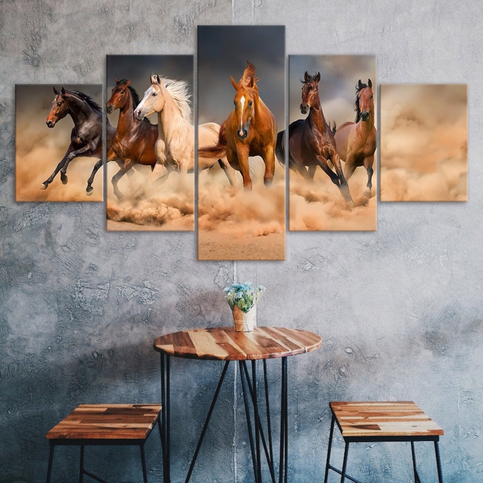 

Horses Galloping Running Scene 5 Piece Five Panel Wall Canvas Print Modern Art Poster Picture Home Decor Gift For Him For Her 20X35 20X45 20X55CM