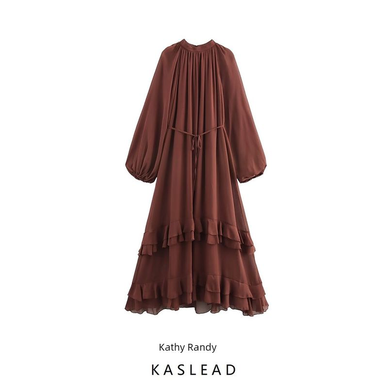Kaslead New Arrival Women's Fashion Style Fashion Minimalist Lotus Leaf Trim Small Stand Collar Dress