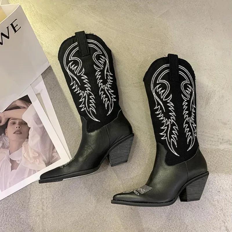 Pantofi de iarnă pentru femei, cu vârf ascuțit și tocuri pătrate, stil cowboy, Western, cu toc înalt, stil gladiator, la modă