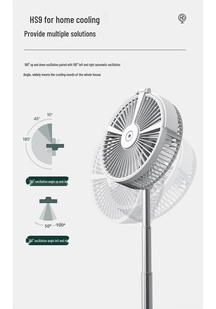 Portable Outdoor Folding Telescopic Fan with USB Rechargeable Battery, Remote Control, Oscillating Head, and Floor Spray Feature.