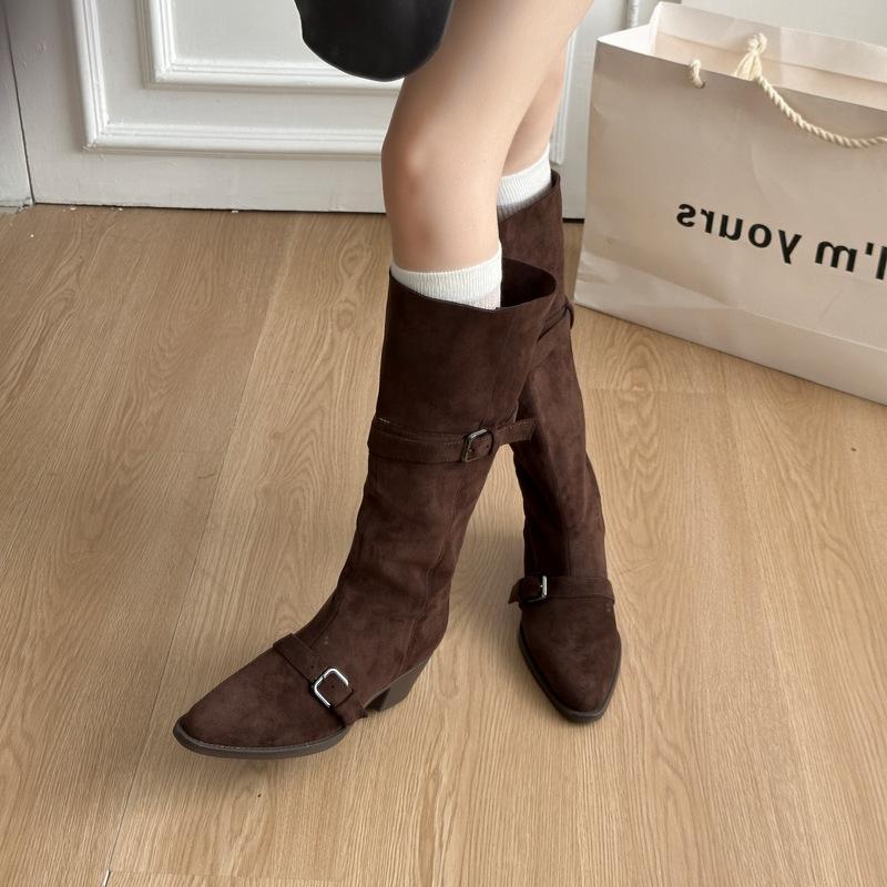 Korean Version Retro Suede Belt Buckle Thick Heel Boots Women's Autumn and Winter Wear Classic Wide Circumference Thin Long Boots