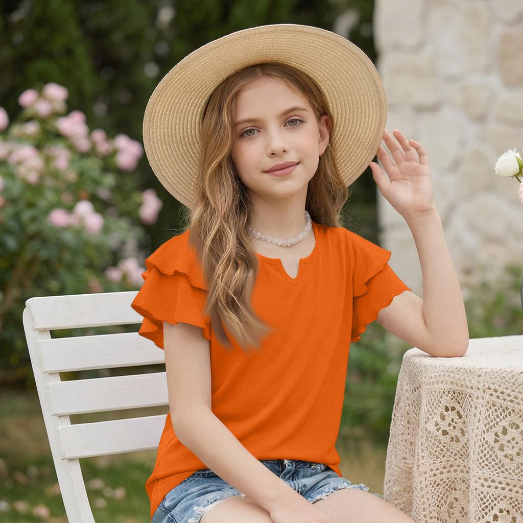 Dziewczęcy T-shirt z dekoltem V i falbanką - Krótki rękaw, letnia bluzka