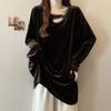Plus Size Gold Thread Velvet Long Sleeve Top for Women - Slimming, Hot Drill, Trendy Hollow Design, Early Spring 2025.