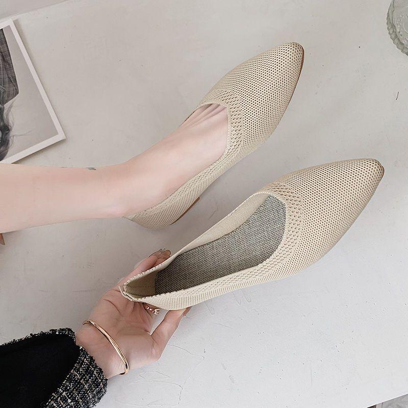 Жіноче взуття Весняно-літнє в'язане односпальне взуття з гострим низом, дихаюче взуття з квасолею, м'яке взуття з неглибоким ротом