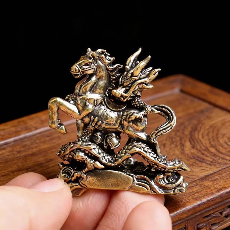 Vintage Chinese Dragon Horse Brass Ornament 1Pc Small Handmade Copperware for Home Entryway Shelf Decor Good Luck Charm