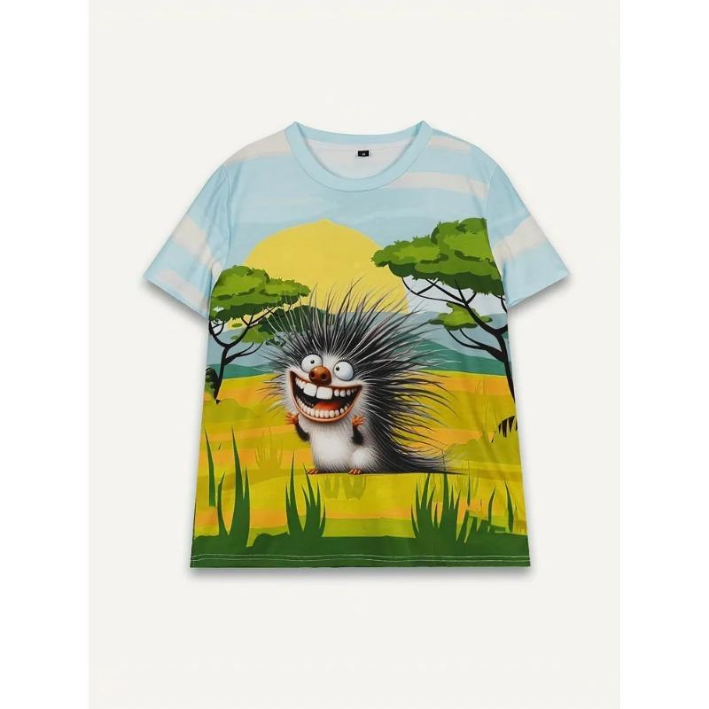 Summer Round Neck 3D Cartoon Animal Porcupine Graphic Print Top Fashionable Casual Short Sleeved Women's T-shirts