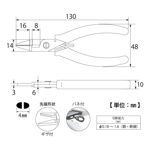 TOP Mini Radio Pliers, 4mm Tip, Non-serrated, Spring-Loaded, Cuts Wire 0.18-1.6mm, Stainless Steel, PK-115, Made In Tsubame-Sanjo, Japan
