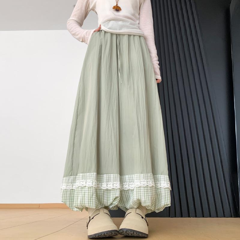 Lace Patchwork Lantern Pants - Spring/Summer Academy Style, Ice Silk, Wide-Leg Skirt Pants, Slimming Bud-Shaped Design.