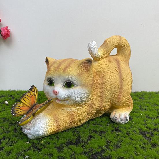 Solar Garden Cute Cat Statue with LED Butterfly Light Outdoor Waterproof Resin Sculpture for Porch Patio Balcony Lawn Yard Decor