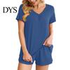 Women Summer Clothes 2 Pcs/Set Pajamas Suit V Neck Short Sleeve Sleepwear Set Casual Two-piece Outfit Homewear Top Shorts Loose Sport
