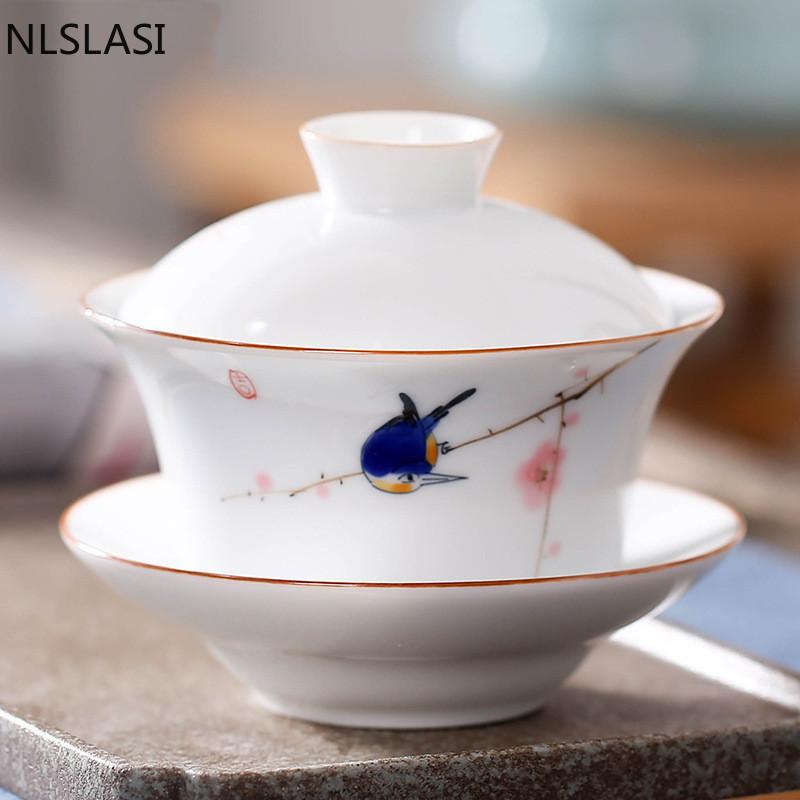 Nuevo estilo pintado a mano cuenco de té de porcelana blanca Conveniencia para viajar Juego de té juego de té Utensilios para beber para el hogar de oficina NLSLASI