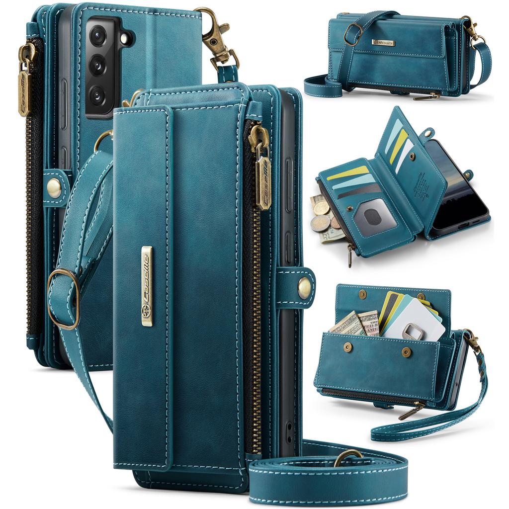 For Samsung Galaxy S22 5G Case CASEME C39 RFID Blocking Zipper Wallet Stand Leather Cover with Strap