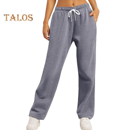 Spodnie damskie Średni stan Elastyczna talia Regulowane ściągacze Długie spodnie Jednolity kolor Proste szerokie nogawki Spodnie sportowe na jesień i zimę