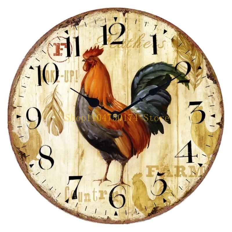 Retro Wooden Wall Clock Owl Rooster Vintage Rustic Non-Ticking Silent Quiet Home Office Kitchen Nursery Living Room Top Sale