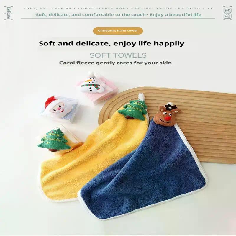 Kids Christmas Style Hand Towel Cartoon Elk Snowman Santa Claus Xmas Tree Velvet Towel Bathroom Hanging Towel Adsorption Cloth