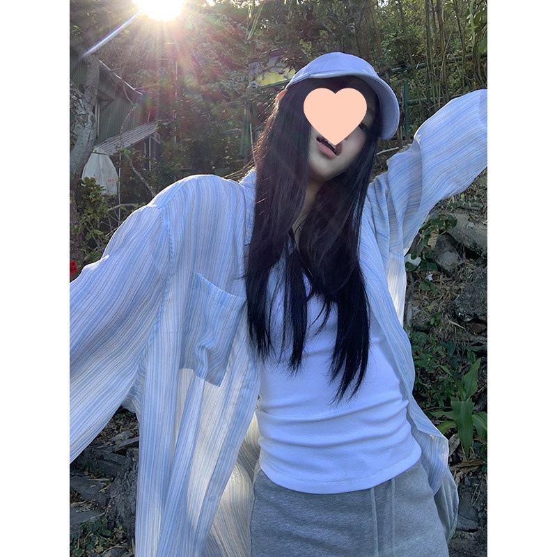 

Hongren Guan Women s Blue Striped Long Sleeve Summer Shirt - 2025 Loose Fit with Sun Protection S