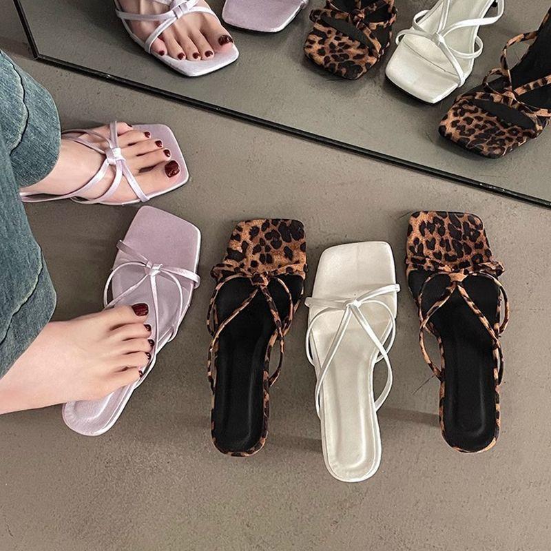 2025 summer high heels women's new leopard print sexy square heel sandals versatile fashion wear height-increasing slippers