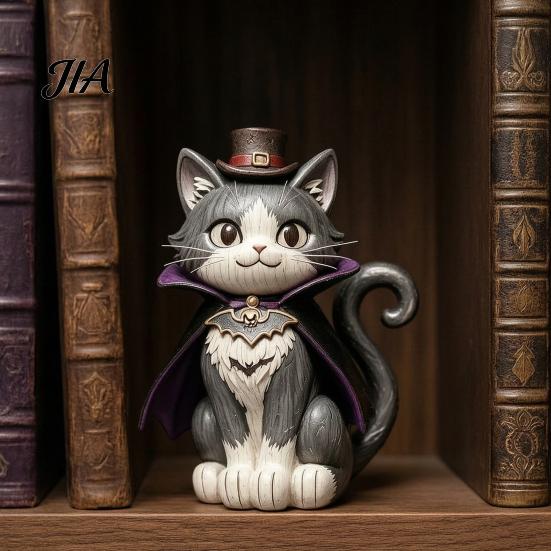 Trendy Desk Accessories Vintage Witch Cat Halloween Decoration, Small Wooden Unique Gift for Her Figurine Farmhouse Mantel, Bookshelf Table,