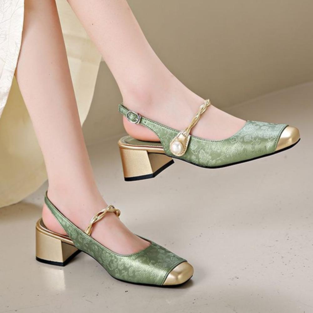 Nouveau Style Chinois Style National Sandales Baotou Chaussures Mary Jane à Talons Moyens pour Femmes Été Tempérament Talon Épais Talon Haut Chaussures Simples