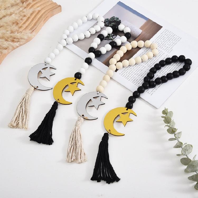 Eid Mubarak Wooden Beads Garlands with Acrylic Moon Pendant Tassels Ramadans Islamic Hanging Ornament Muslims Party Decors
