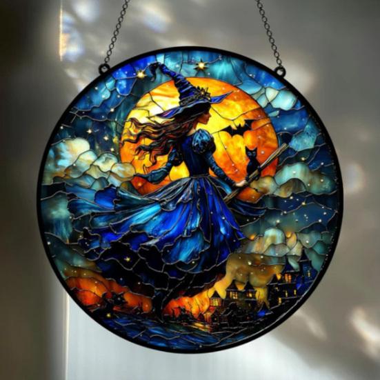 10/15/25CM Halloween Heks Solfanger Hengende Dekorasjon Svart Katt Flaggermus Måne Heks Farget Glass Akryl Vegg Vindu Hengende Skilt Ornament