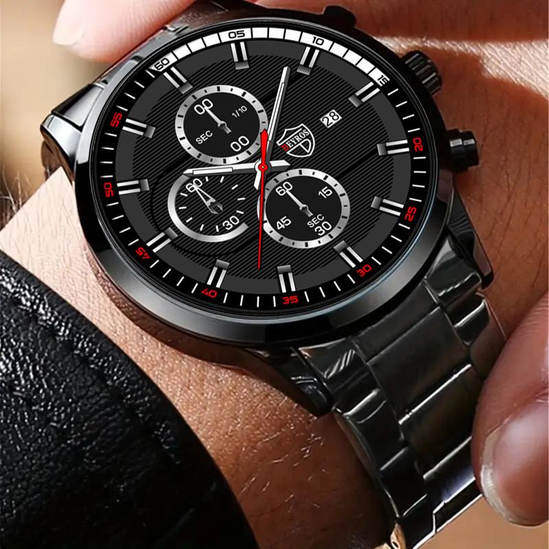 Fashion Men's Casual Watch Man Stainless Steel Mesh Band Wristwatch Mens Calendar Quartz Watches Bracelet Neckalce Set Date Clocki
