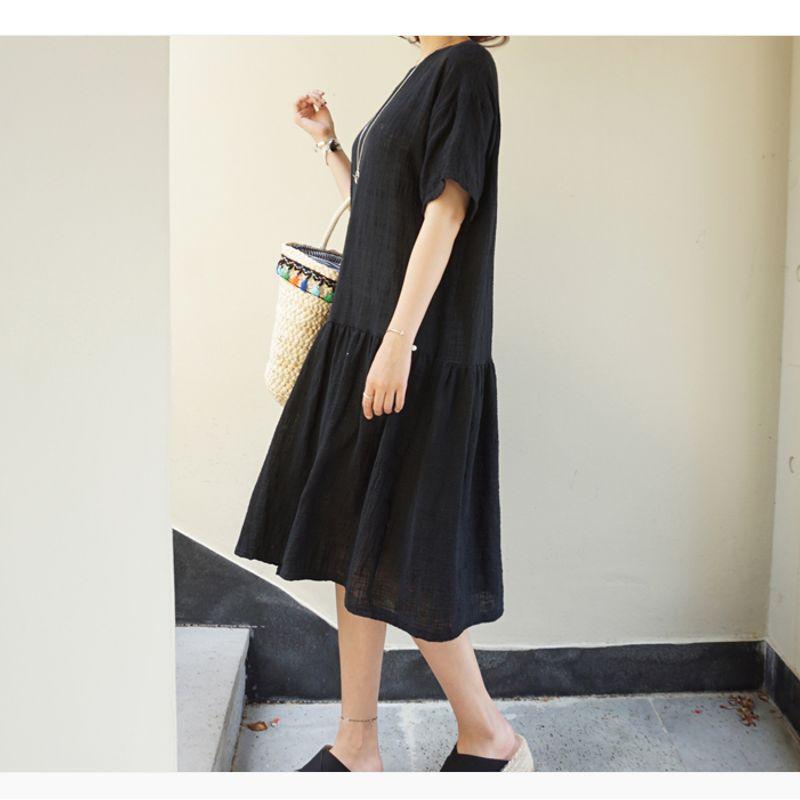 Kong Style Plus Size Women's Clothing Leather Pink with Round Neck Cotton and Linen Simplicity Casual Mid Length Long Length Short Sleeve Dress Dress