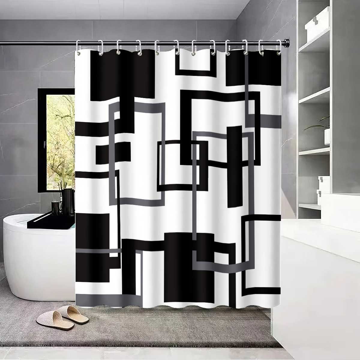 

1Pc Black And White Abstract Geometry Shower Curtain,With 12 Hooks,Machine Washable, For Shower Partition And Privacy Protection 90x180cm