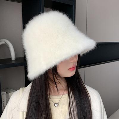 Kaninchenfell Fischerhut Damen Herbst und Winter Koreanischer Stil Mode Vielseitiger Warmer Becherhut Pelziger Kälteschutz Gehörschutz Eimerhut