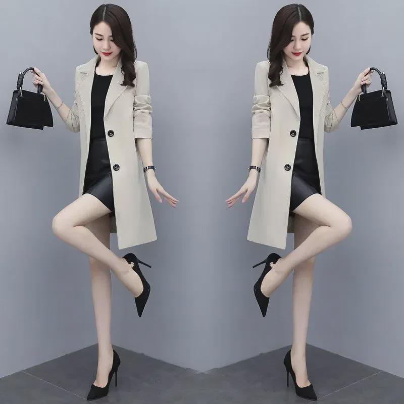 High-End Spring & Autumn Mid-Length Windbreaker for Petite Women - Long Sleeve, Slim Fit Cardigan