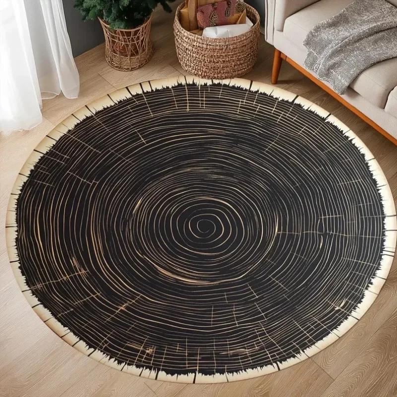 Natural Woodland Charm Round Rug - Tree Ring Pattern, Wood Log Floor Mat, Trunk-Inspired Carpet with Wood Crack Design