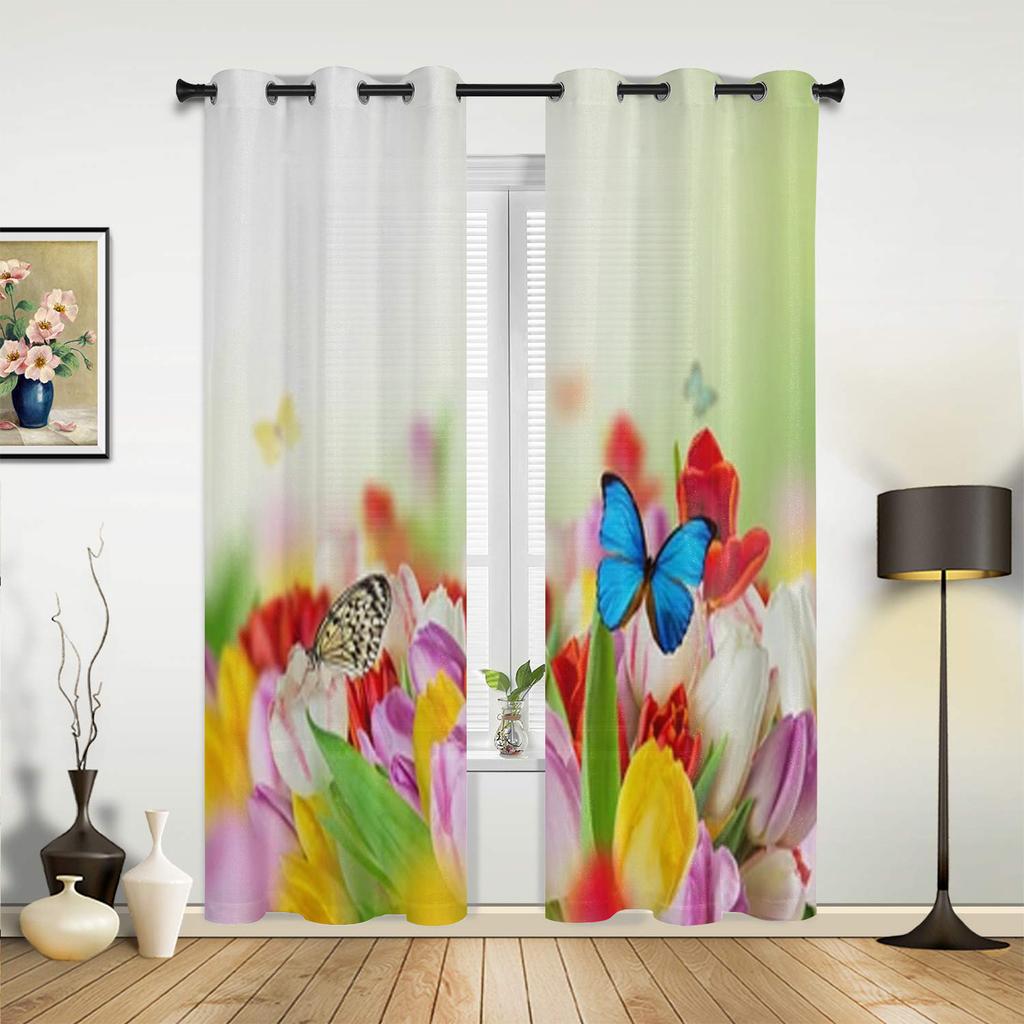 Beautiful Colorful Tulips Flowers Window Curtains For Living Room Bedroom Luxury Modern Kitchen Curtains Fabric Drapes