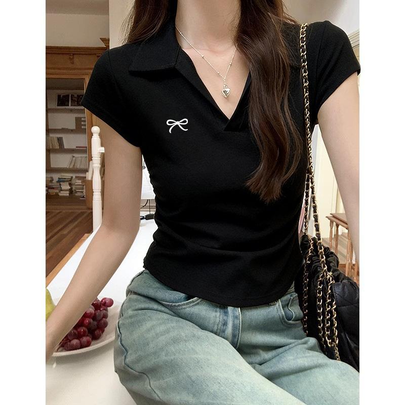 Front shoulder sweet casual versatile short-sleeved t-shirt women's summer fashion college style POLO collar student top tide