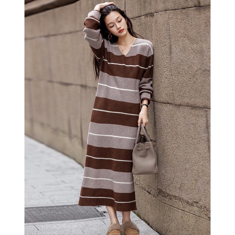 Demana Retro Striped V-Neck Long Sleeve Midi Dress