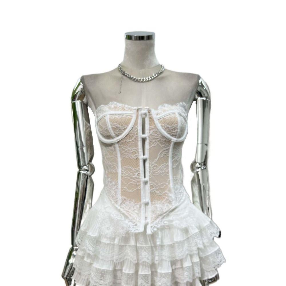 Flower Lace Button Camisole Mesh Suspender Vest Spicy Girl Style Lace Long Corset  Travel