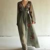 Women's V Neck Long Sleeve Floral Embroidered High Waist Chiffon Maxi Dress Boho Dress