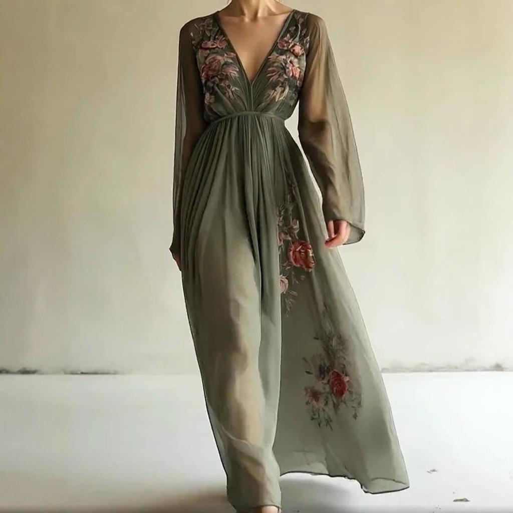 Women's V Neck Long Sleeve Floral Embroidered High Waist Chiffon Maxi Dress Boho Dress
