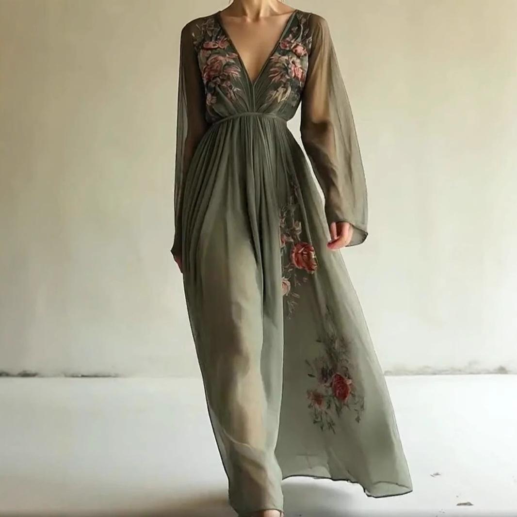 European Style Women Clothing Print Long Sleeve V-Neck Maxi Dress M