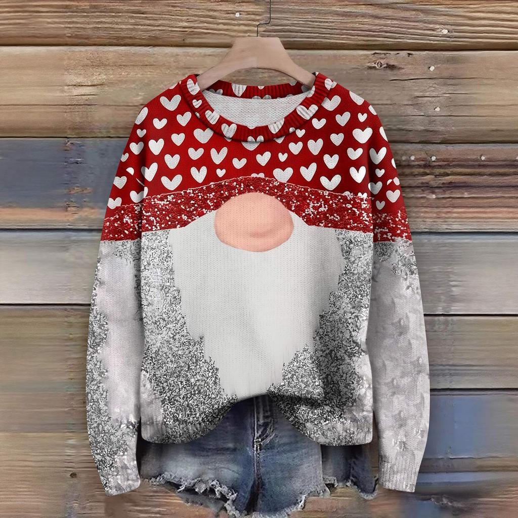Long Sleeve Pullover Sweaters For Women O Neck Casual Cute Printing Knit Oversized Sweater