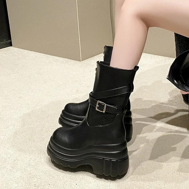 Moda Stivali Chunky con Plateau 9CM Donna Tacchi Alti Nuovo Autunno 2024 Stivaletti Mid-Calf in Pelle Sneakers di Tendenza Inverno Marroni Stivali da Moto Zapatos