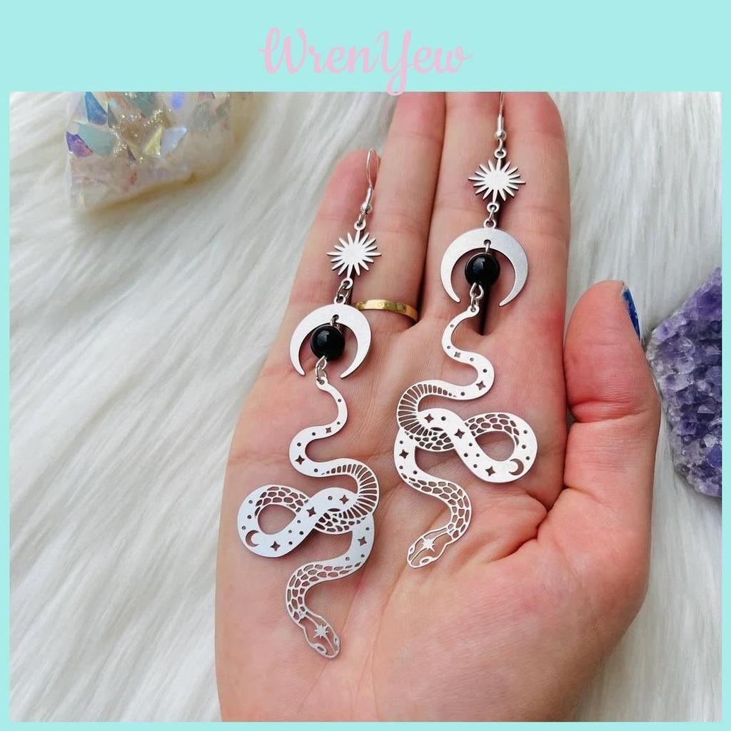 Silver Snake Moon Earrings With Black Jade Crystal For Fashion Women And Men