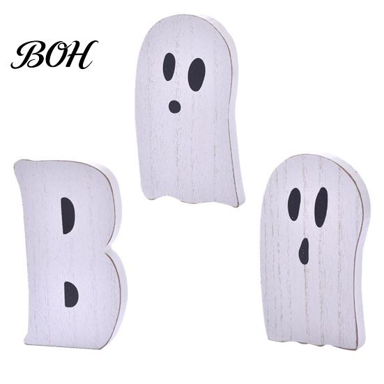Decorative Tray Landscaping 3 Pcs Halloween Indoor Table Decoration, Cute Ghost Wooden Sign with Jute Rope, Rustic Ornaments Farmhouse BOO Block